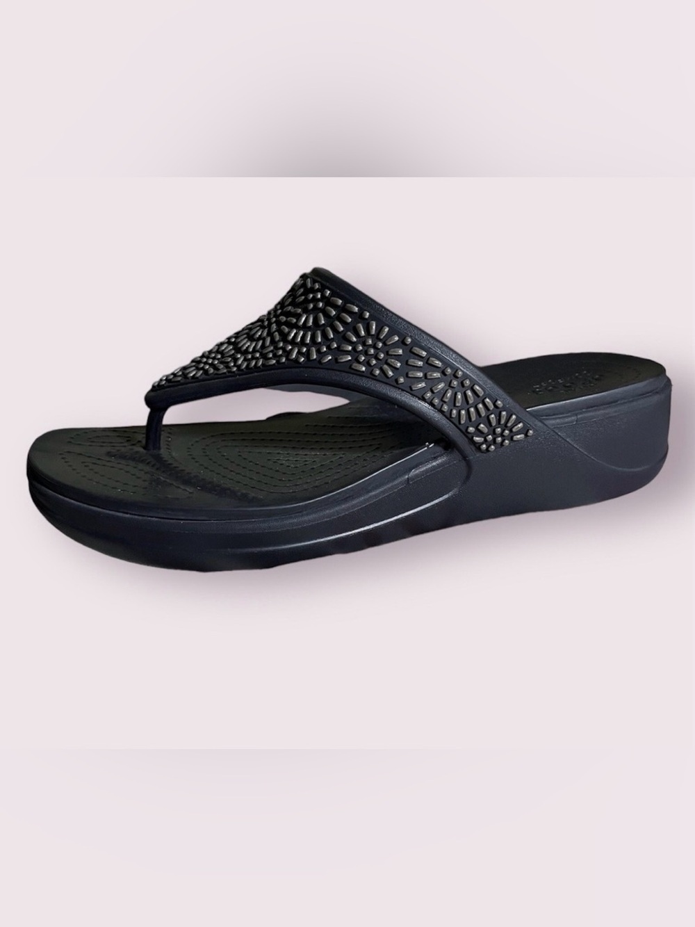CROCS Women's Black Embellished Wedge Thong Sandals